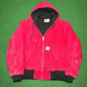 Vintage 90s Carhartt Red Hooded Coat, Trendy Grunge Workwear Jacket (XL)